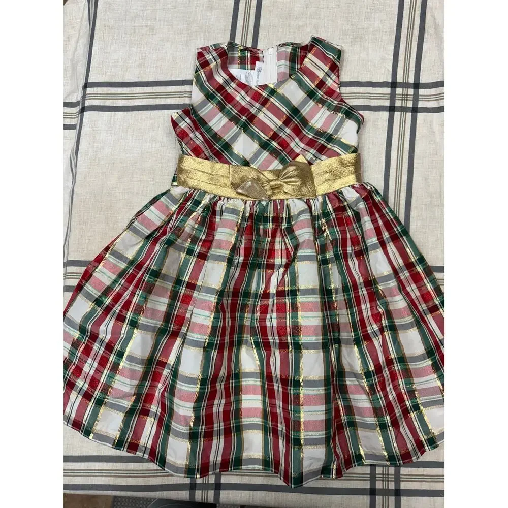 NWT Bonnie Jean Girls Size 8 Christmas Metallic Plaid Holiday Dress Gold Bow